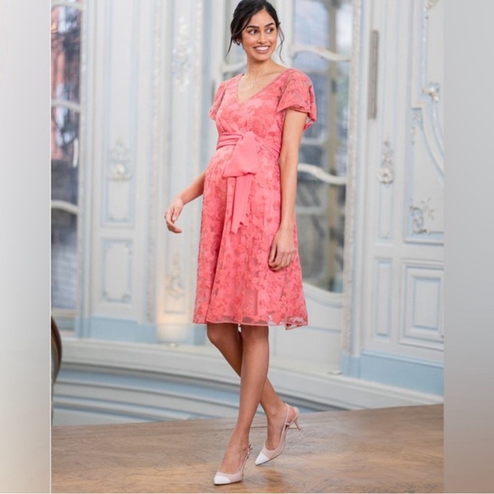 Luxe by Seraphine Coral Pink Floral Lace Maternity to Nursing Occasion Dress